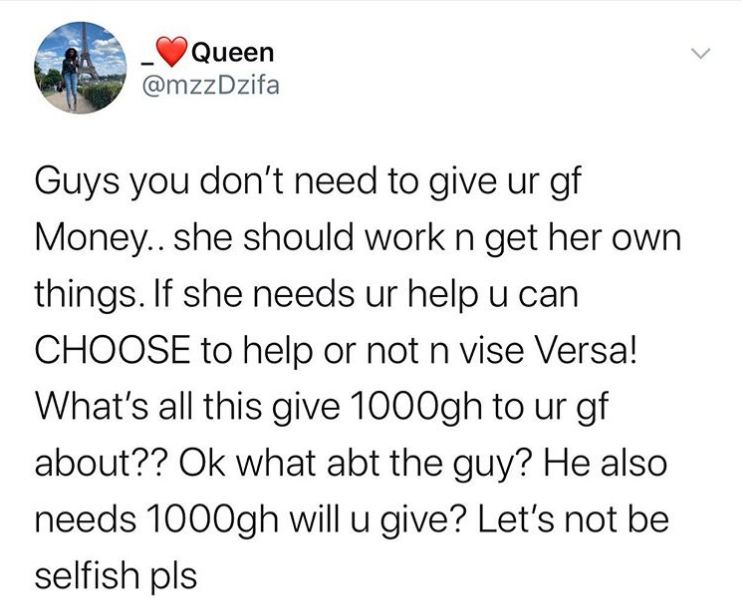 Guys You Don T Need To Give Your Girlfriend Money She Should Work And Get Her Own Things Ghanaian Lady Says Thedistin
