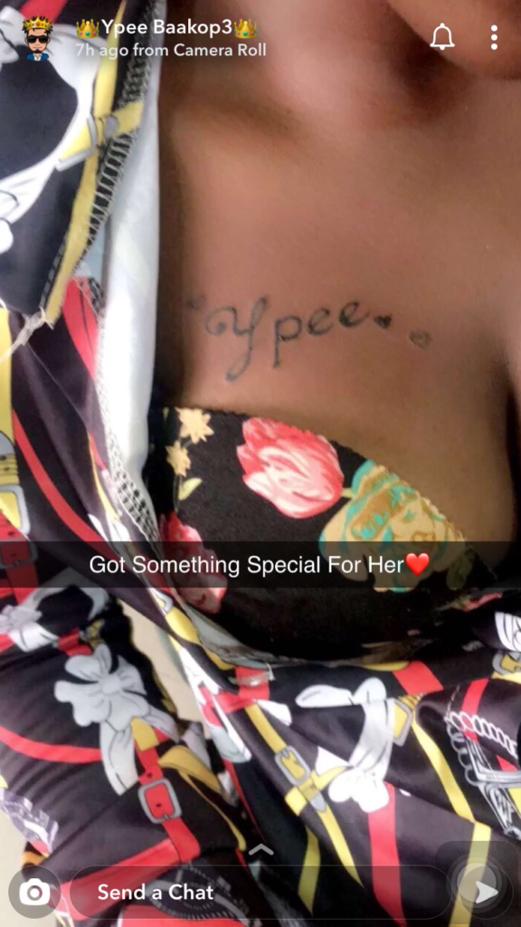 A die-hard fan of rapper, YPee inks his name boldly on her chest near to her breast as sign of being loyal to the Pee Nation CEO.