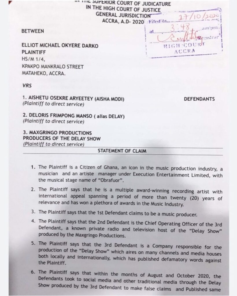 Veteran rapper, Michael Elliot Kwabena Okyere Darko known in the showbiz as Obrafour has taken a legal action against Aysiah Modi, Delay and the producers of The Delay Show for defamation for Ghc800,000, Ayisha Modi replies him and says she's ready to face him in court.