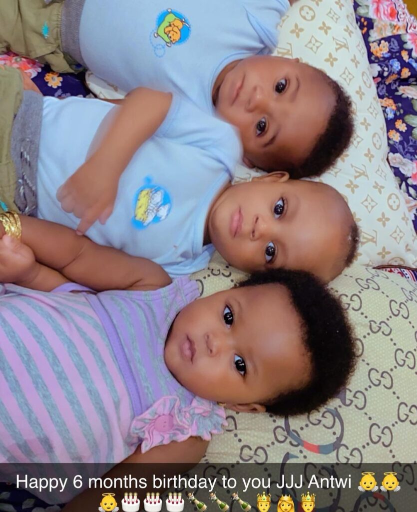 The triplets children of the founder of Anointed Palace Chapel, Rev Obofour and his wife, Bofowaa are 6 months old, new pictures of them growing fast and cute surface online.