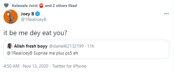 Ghanaian hip hop recording artist, Darryl Paa Kwesi Bannerman-Martin, known under the stage name Joey B has replied to his fan who requested for a PS5 from him on Twitter.