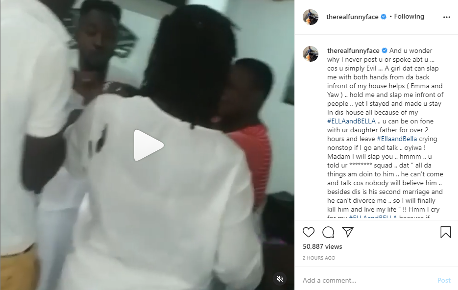 Comic actor, Benson Nana Yaw Oduro Boateng, popularly known as Funny Face released two new videos of his baby mama, Vanessa 'slapping him' as he alleged that she has been tarnishing his image although been the mother of his twins (Ella and Bella).