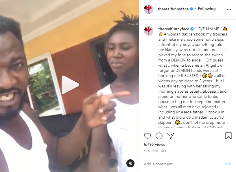 Funny Face has released another video to support his claims that his twins baby mama, Ama Vanessa who is pregnant and might be welcoming his third child sooner abused him when they were together with slaps in front of his friends.