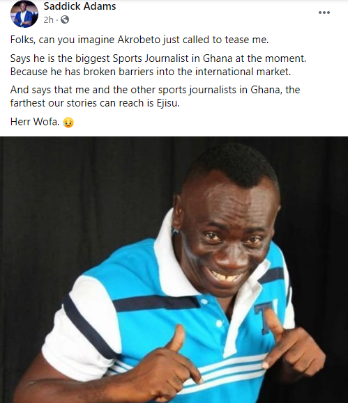 Actor and television host, Akwasi Boadi popularly called Akrobeto makes mockery of well known sports journalists in Ghana after he went viral internationally.