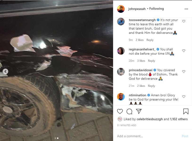 Actor and superstar in Yolo Tv series, John Peasah widely known as Bra Charles or Drogba has shared his testimony as he has survived a fatal car crash.