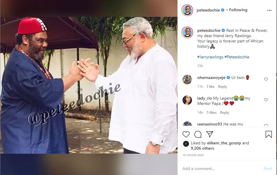 Nigerian veteran actor, Pete Edochie celebrates the death of his lookalike political friend in Ghana, Jerry John Rawlings who passed away at age 73 at Ridge Hospital in Ghana.
