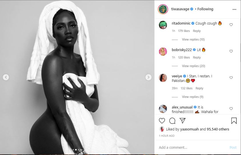 Nigerian singer, Tiwa Savage shows more skin in new pictures she shared on Instagram page.