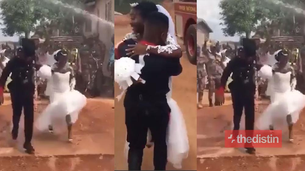 Beautiful Ghanaian Fire Service Wedding Goes Viral As Couple Get 'Flooded' With Water By His Team (Video)