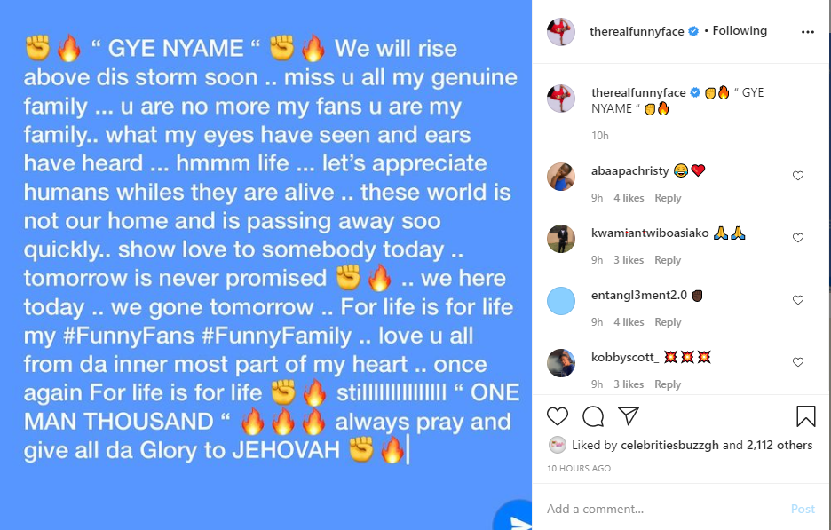 Funny Face breaks silence after recovering from his illness when he was hospitalised at the Korle Bu Teaching Hospital.