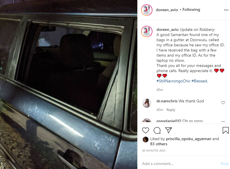 Ghanaian radio and TV personality, Doreen Avio who works with Joy News, Hitz FM and Myjoyonline.com has been robbed by thieves.