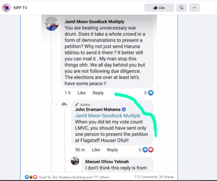 NDC's flagbearer, John Dramani Mahama has dragged a Facebook user, Jamil Moon in the mud after he commented under his post, calls him Ofui.