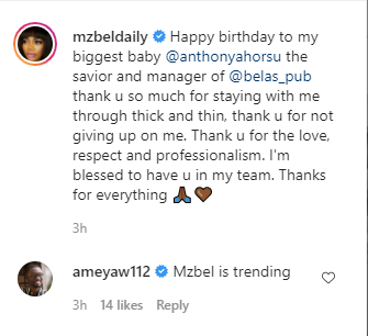 Mzbel snubs her leaked audio with Tracey Boakye fighting over Mahama as she celebrates the manager of her Belas pub.
