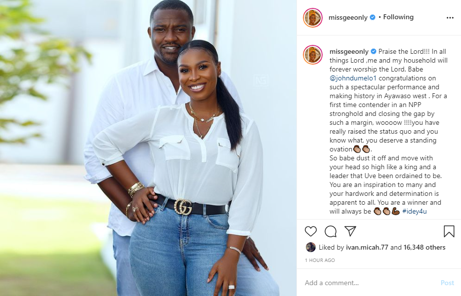 John Dumelo's wife Gifty Mawunya Nkornu popularly known on social media as Miss Gee has penned down lovely message to her husband after he lost the election to Madam Lydia Alhassan.