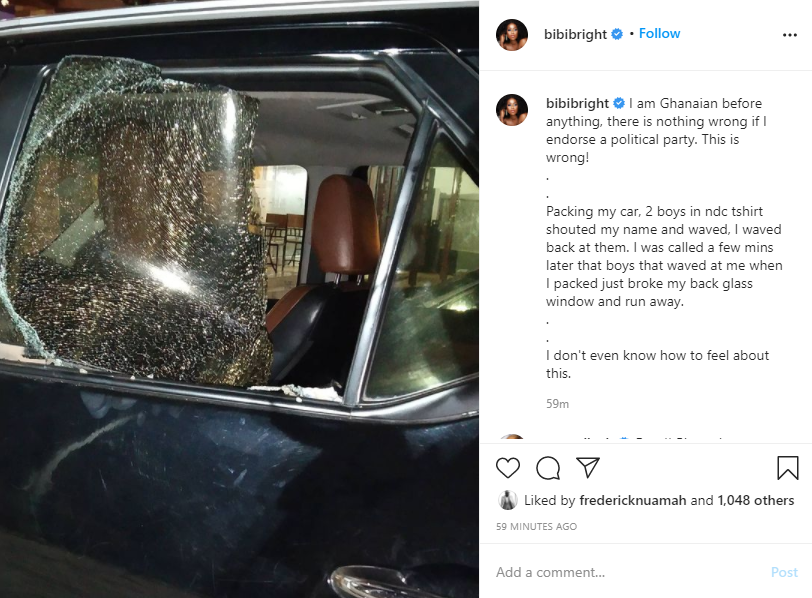Ghanaian actress and one of the firm NPP celebrity supporters has alleged that two NDC thugs have destroyed her car.