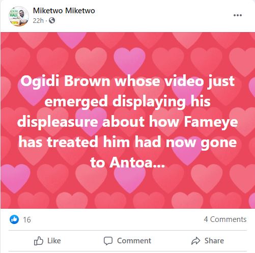 Fameye wanted by the Chiefs of Antoa following Ogidi Brown's video