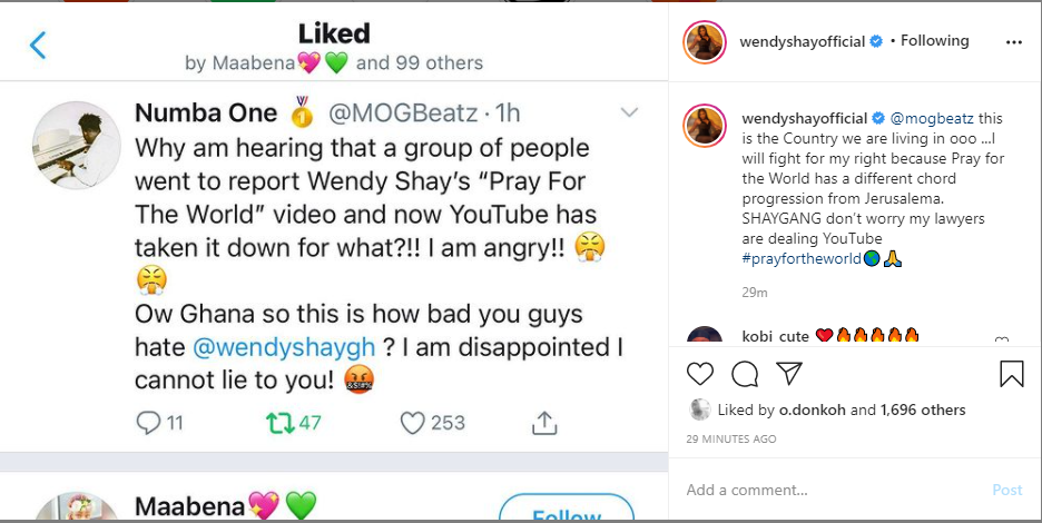 YouTube takes down Ghanaian songstress, Wendy Shay's "Pray For The World" Music Video following numerous reports that violates the policies of the platform.