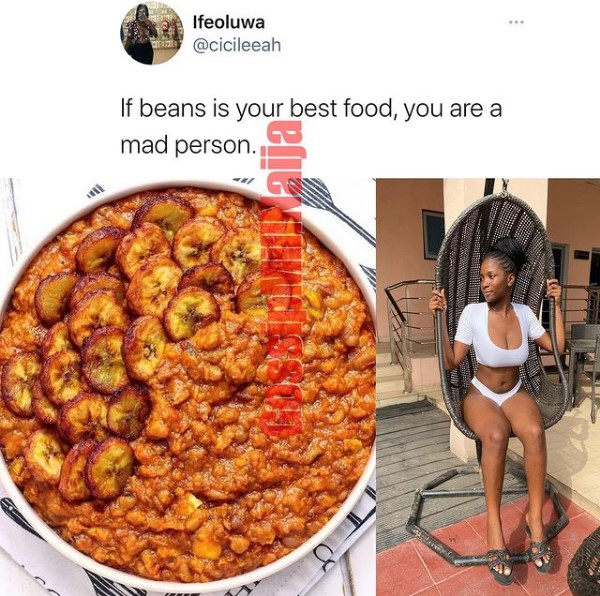 A Nigerian lady identified as Ifeoluwa has rained insult on all lovers of Gari and Beans popularly called Gob3, bober or borbor.