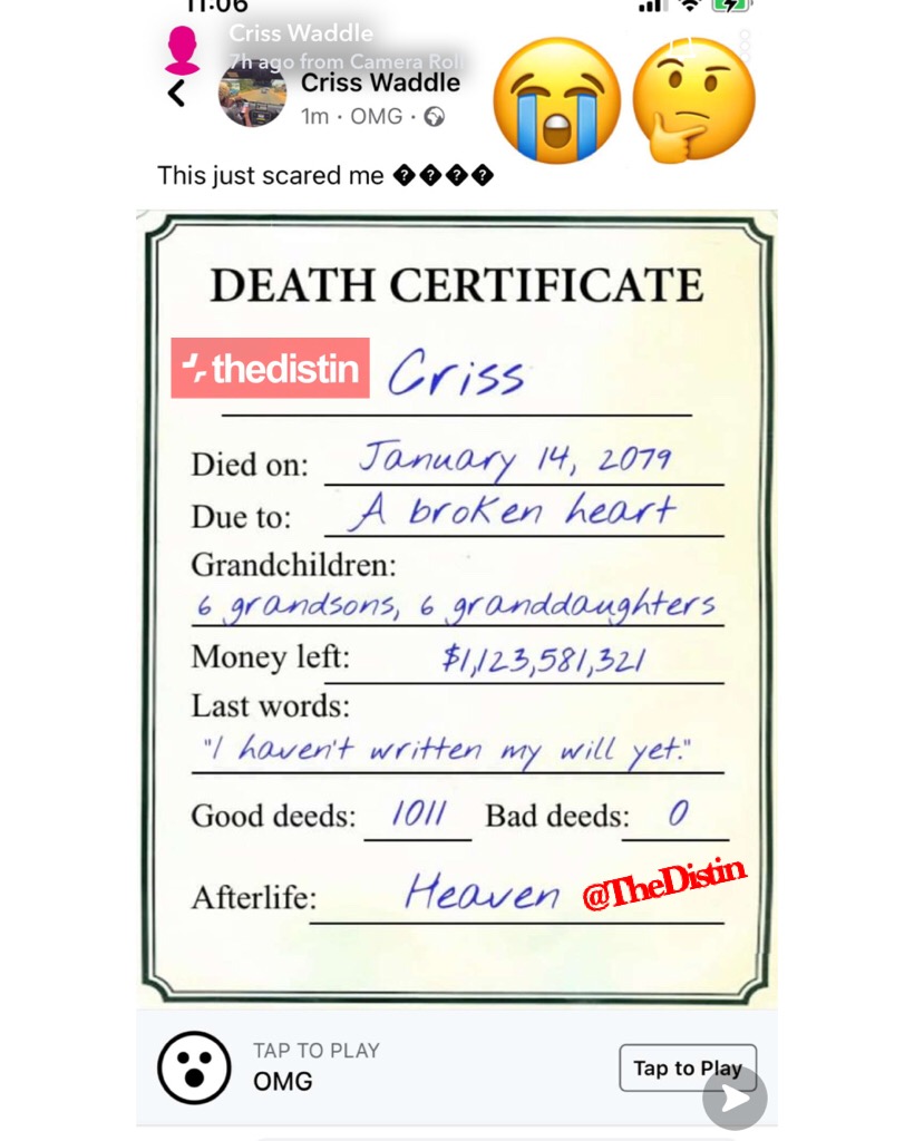 Criss Waddle death certificate