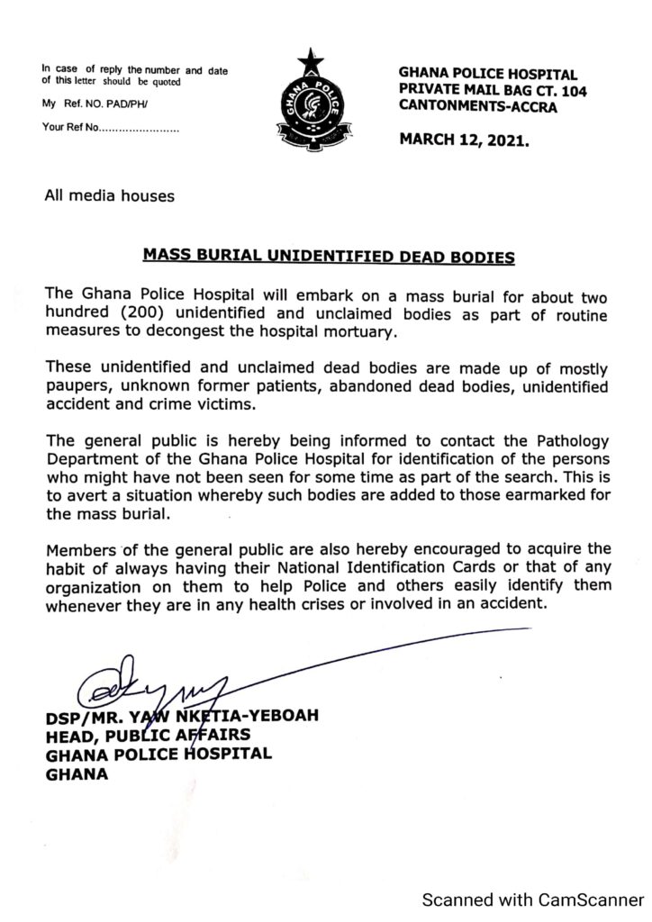 Ghana Police Hospital To Embark On Mass Burial Of 200 Unidentified And Unclaimed Bodies | Details 