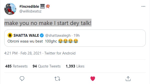Willis Beatz Angrily Warns Shatta Wale As He Threatens To Expose For Being Stingy 