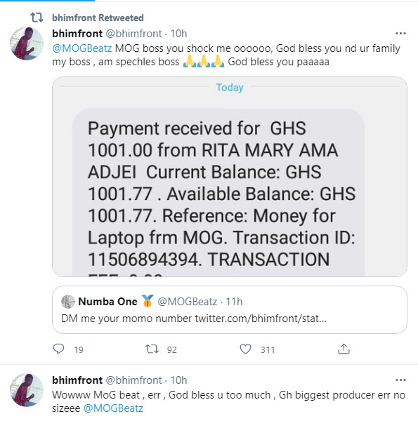 MOG Beatz Blesses A Bhim Fan With Ghc1000 After He Humbly Begged Him On Twitter | Screenshots