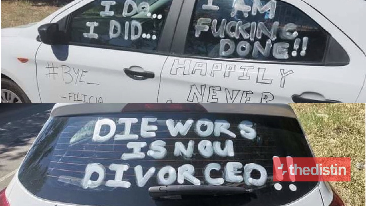man writes on his car to announce his divorce