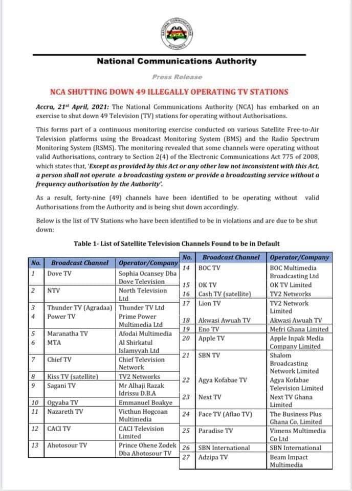 List of TV stations that will be closed down by NCA following Agradaa's arrest