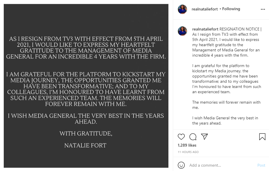 Natalie Fort resigns from Tv3, shares reasons why.