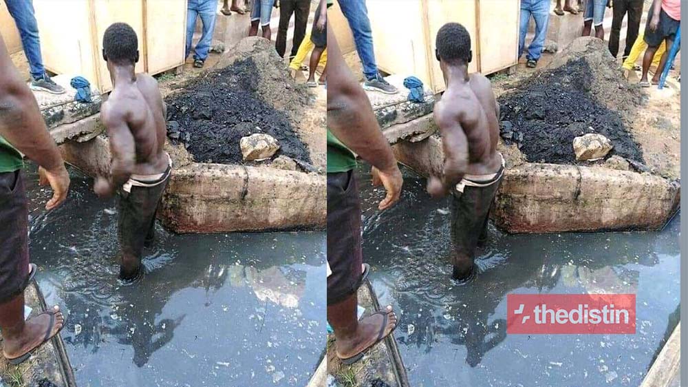 Jungle Justice: Area Boys Give Thief Food And Chilled Drink After Catching Him And Forced Him To Clean All The 'Gutters' In The Area (Photo)