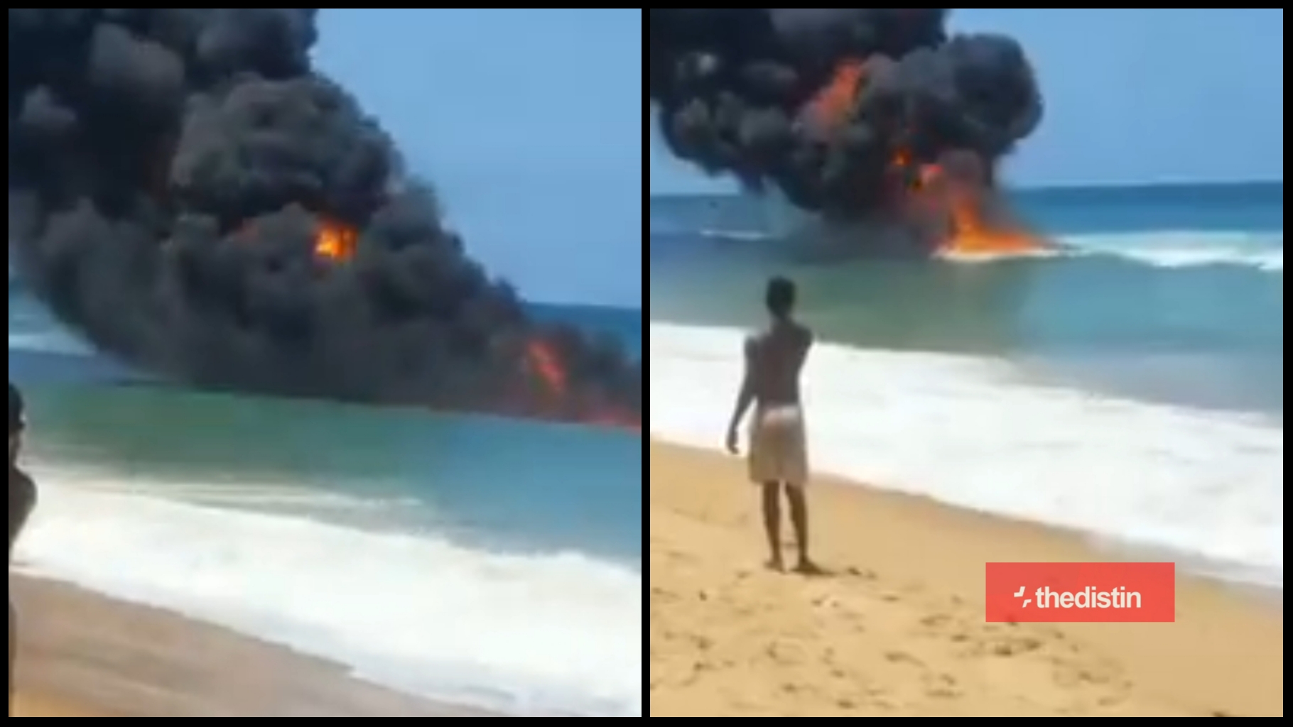 Fire burns on the sea in Nigeria as People having fun on the beach could not believe their eyes.