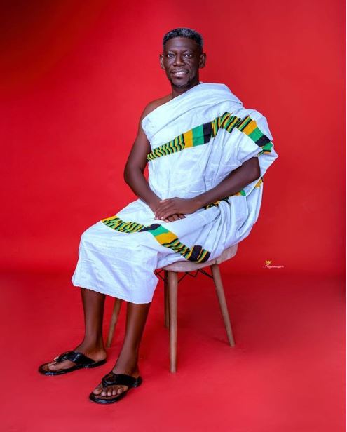 Agya Koo in a traditional outfit for a photoshoot. 
Image Source: Instagram: @real_agya_koo