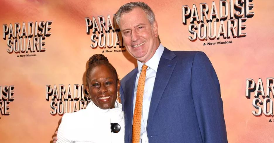 Chirlane McCray and Bill de Blasio at the opening night of Paradise Square in New York City on April 3, 2022. 

