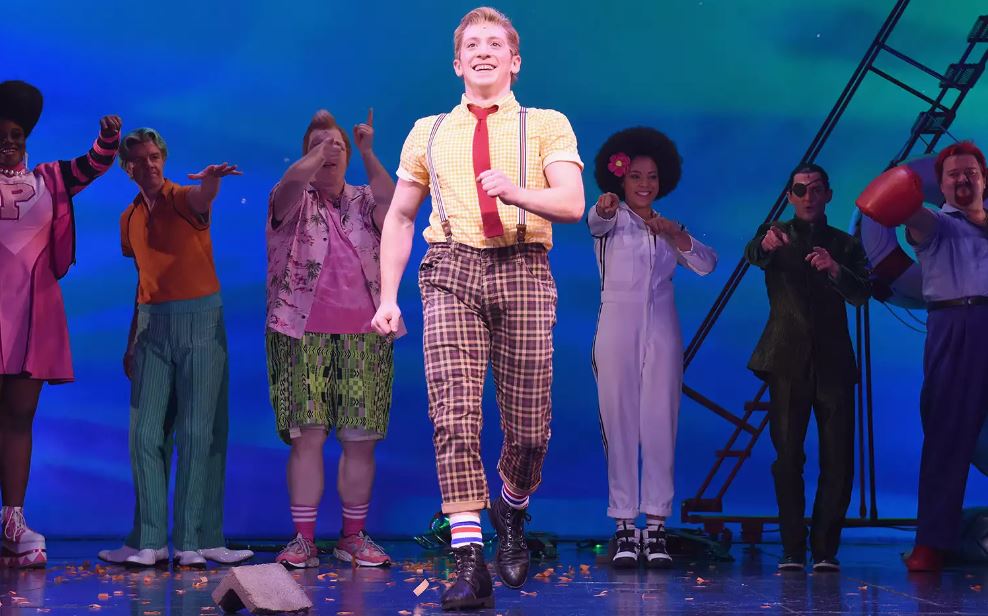 Ethan Slater poses onstage during opening night of Nickelodeon's SpongeBob SquarePants: The Broadway Musical at Palace Theatre on December 4, 2017