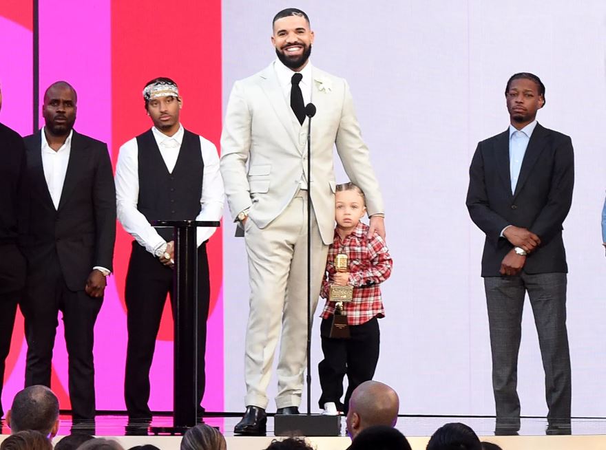 Future the Prince, Drake, Adonis Graham, CJ Gibson, and guest join Drake (C) onstage as he accepts the Artist of the Decade Award for the 2021 Billboard Music Awards, broadcast on May 23, 2021 at Microsoft Theater in Los Angeles, California