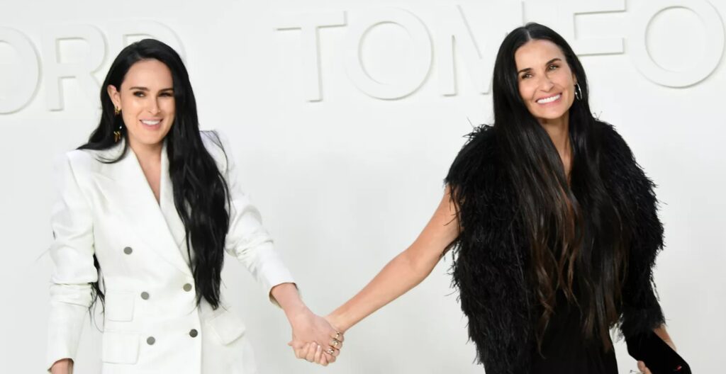 Rumer Willis (L) and Demi Moore attend the om Ford AW20 Show - Arrivals at Milk Studios on February 07, 2020 in Hollywood, California. Image Source: MIKE COPPOLA/FILMMAGIC