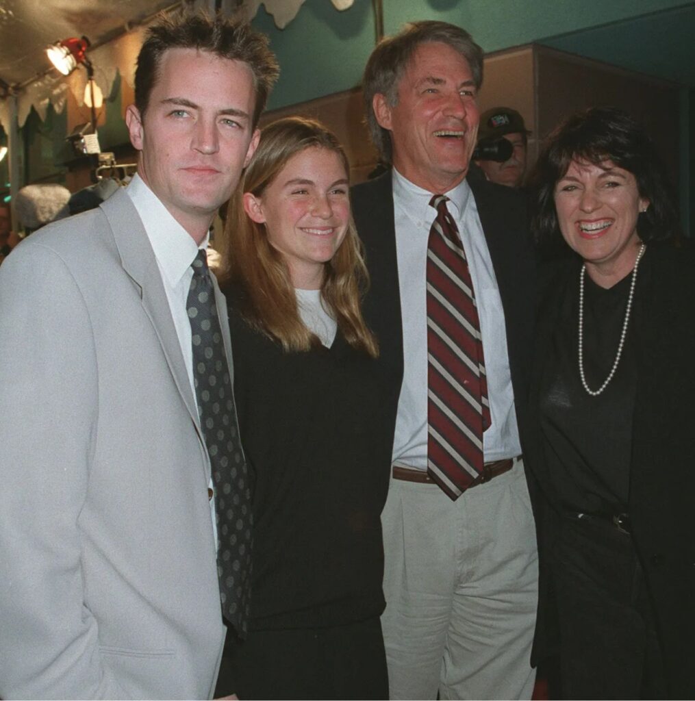Matthew Perry pictured with his sister Mia, his dad John Bennett, and step-mum Debbie Perry
