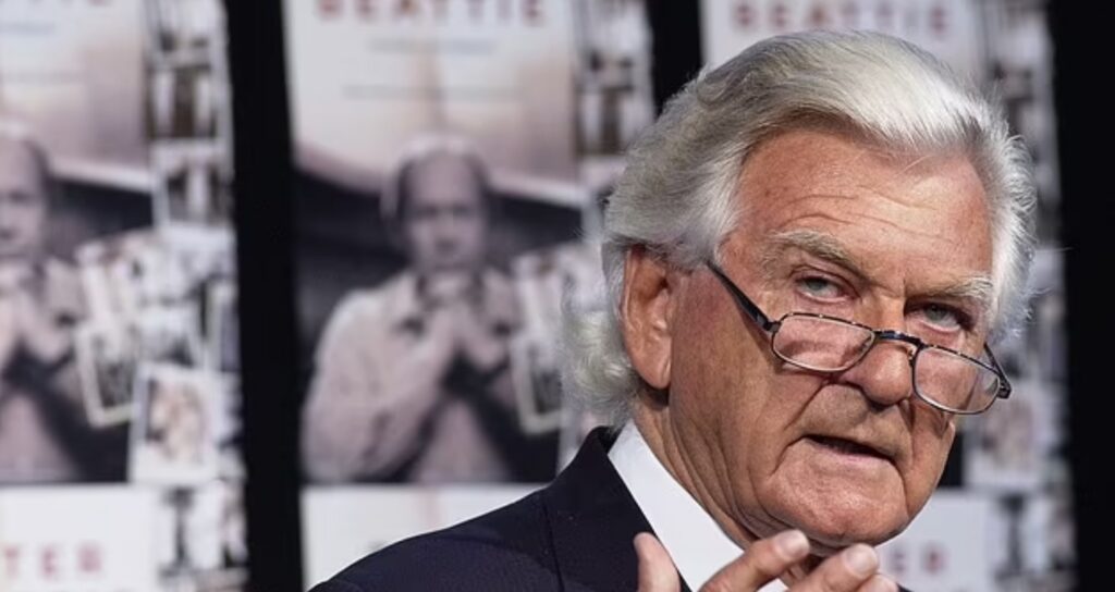 In 1991, shortly after her marriage to entrepreneur John Singleton (and Hawke's prime ministership) came to an end, the politician phoned Hayes to propose a weekend away on the Gold Coast. Pictured: Bob Hawke


