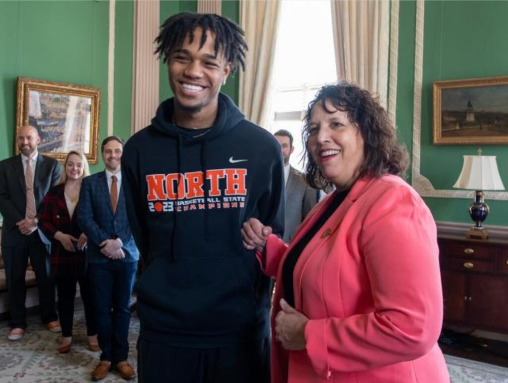 Carl-Hens Beliard met Lt. Gov. Kim Driscoll during a tour of the Massachusetts Statehouse last spring, after North High won the state basketball championship.
