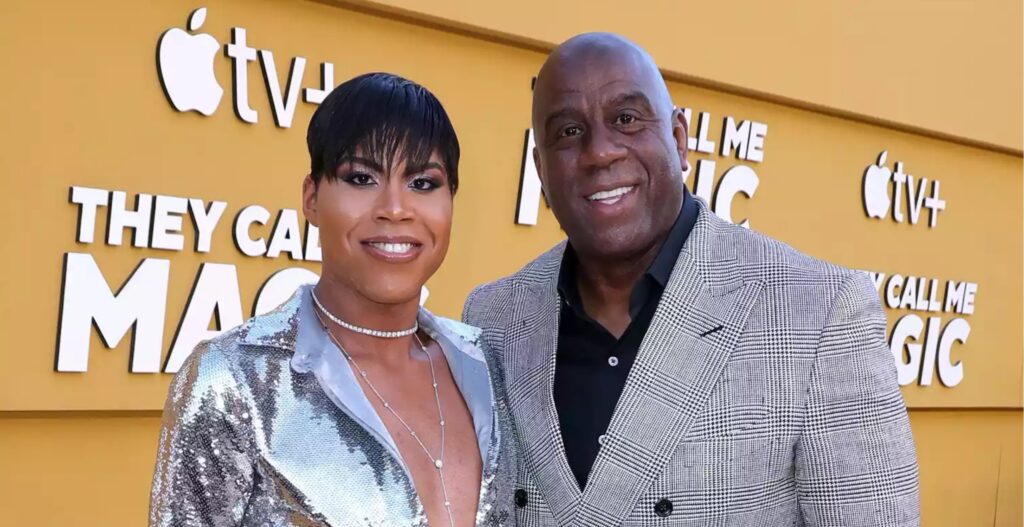 EJ Johnson and Magic Johnson attend the Los Angeles premiere of Apple's "They Call Me Magic" at Regency Village Theatre on April 14, 2022, in Los Angeles, California. Image Source: LEON BENNETT/GETTY